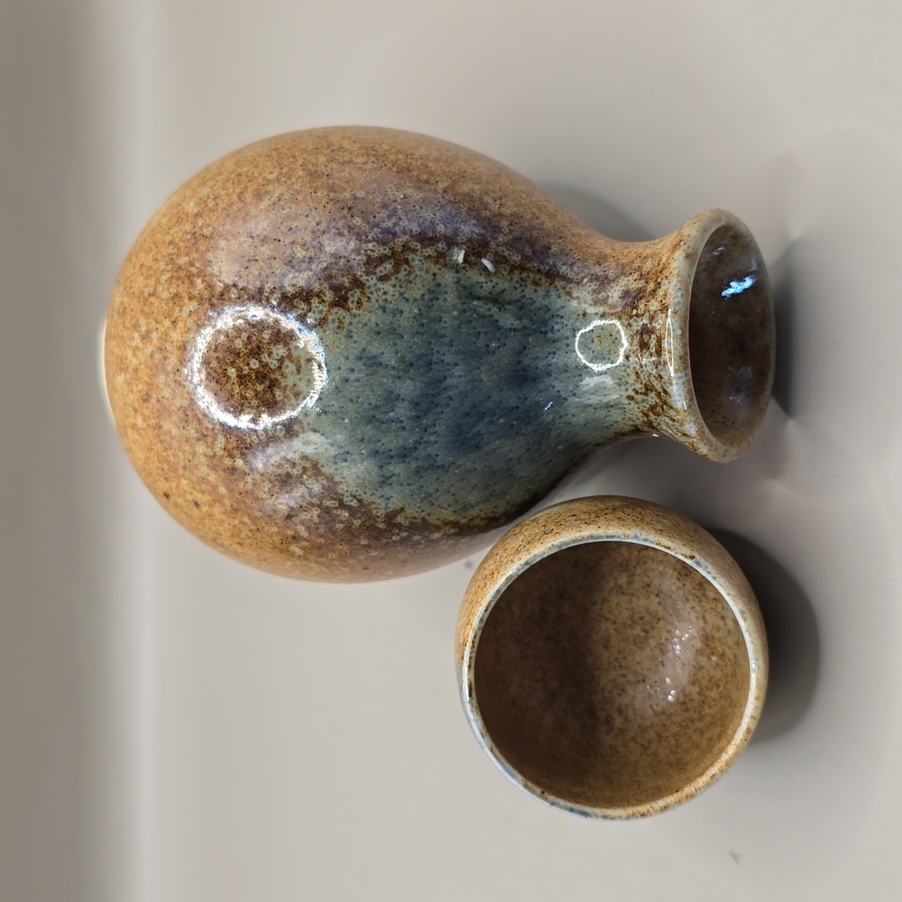 Japanese Mino Ware Sake Bottle & Cup Set Sunaji-Ainagashi Ceramic Pottery Japan - Picture 6 of 8